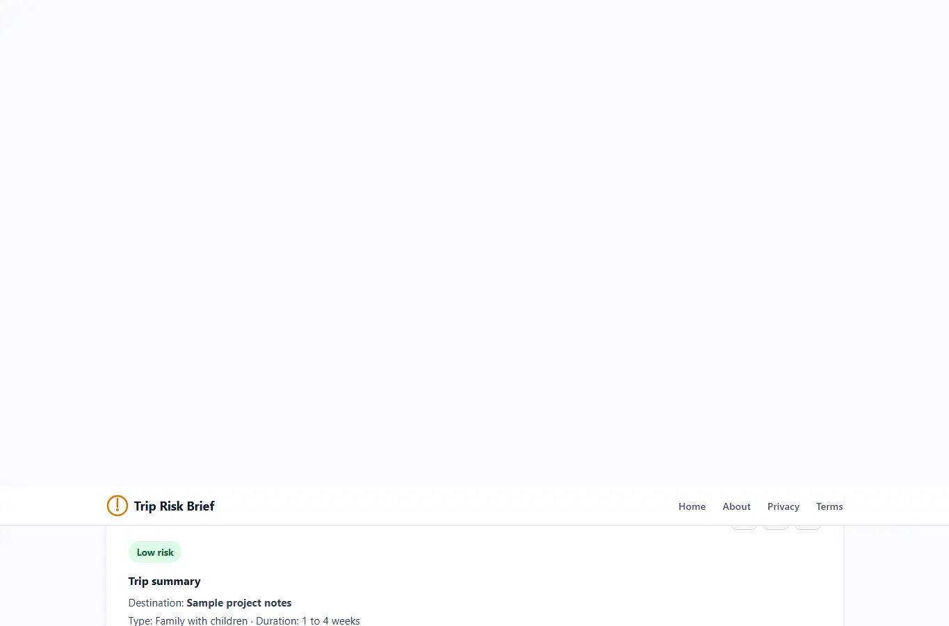 Screenshot of Travel Advisory Trip Risk Brief interface showing the project page in use